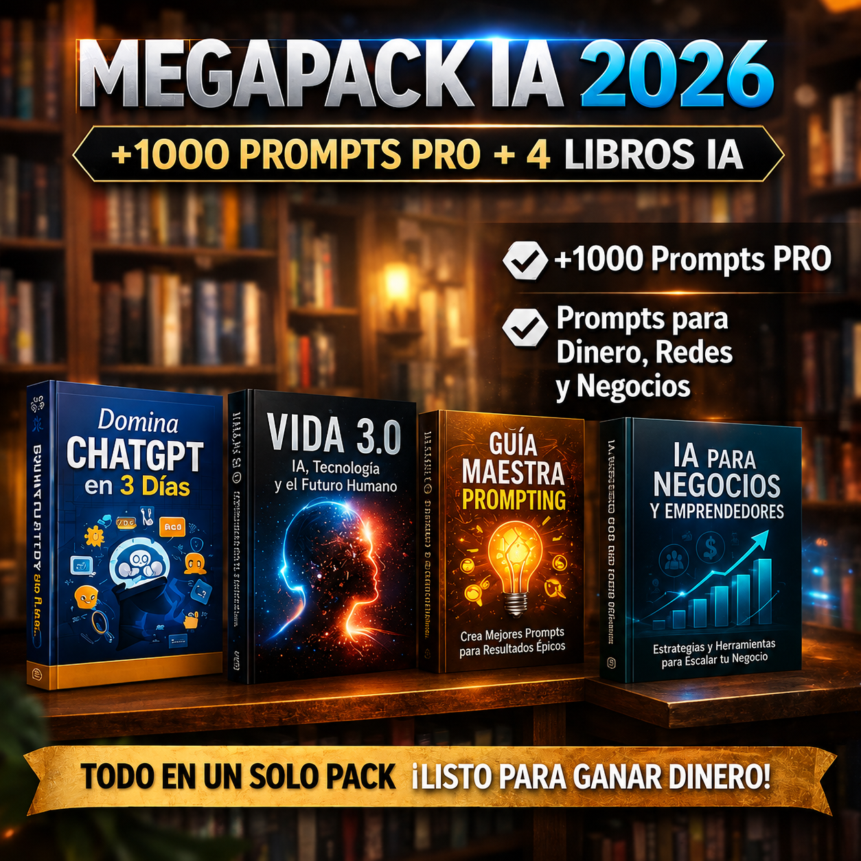 MegaPack IA 2026 +13.000 Prompts PRO + 4 Ebooks de IA + CURSO DE 0 A Experto