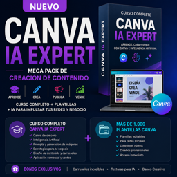 Canva IA Expert + 🎨 1.000 plantillas Canva editables. Aprende a crear contenido con Canva e Inteligencia Artificial y aplicar estrategias para tu negocio.